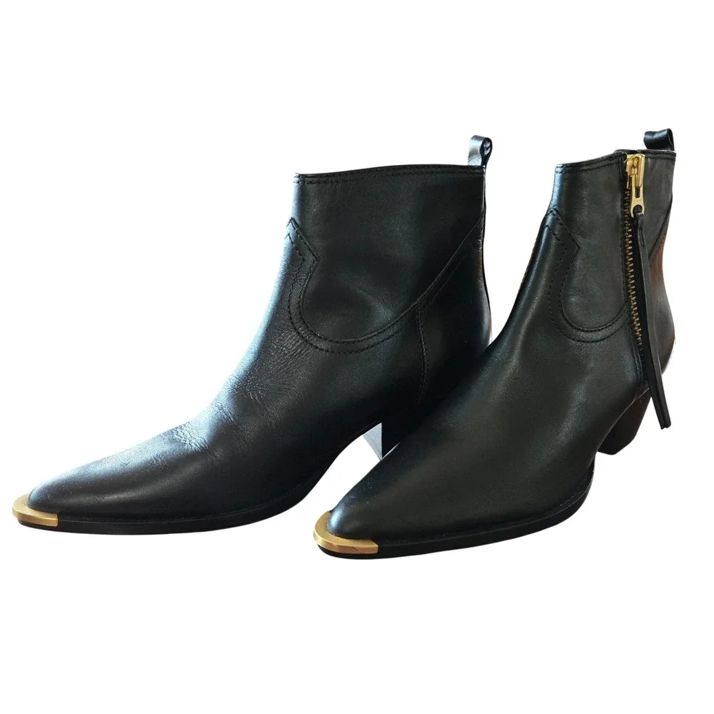 Schutz Chic Black Leather Pointed Toe Ankle Boots Gold Tip Western Women's 7M